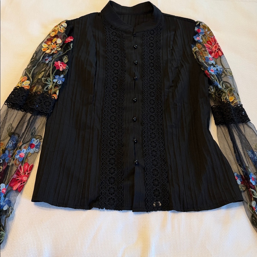 Boho Sheer Mesh Floral Embroidered Button Down Up Shirt Top Blouse Black US 4 - Picture 6 of 13